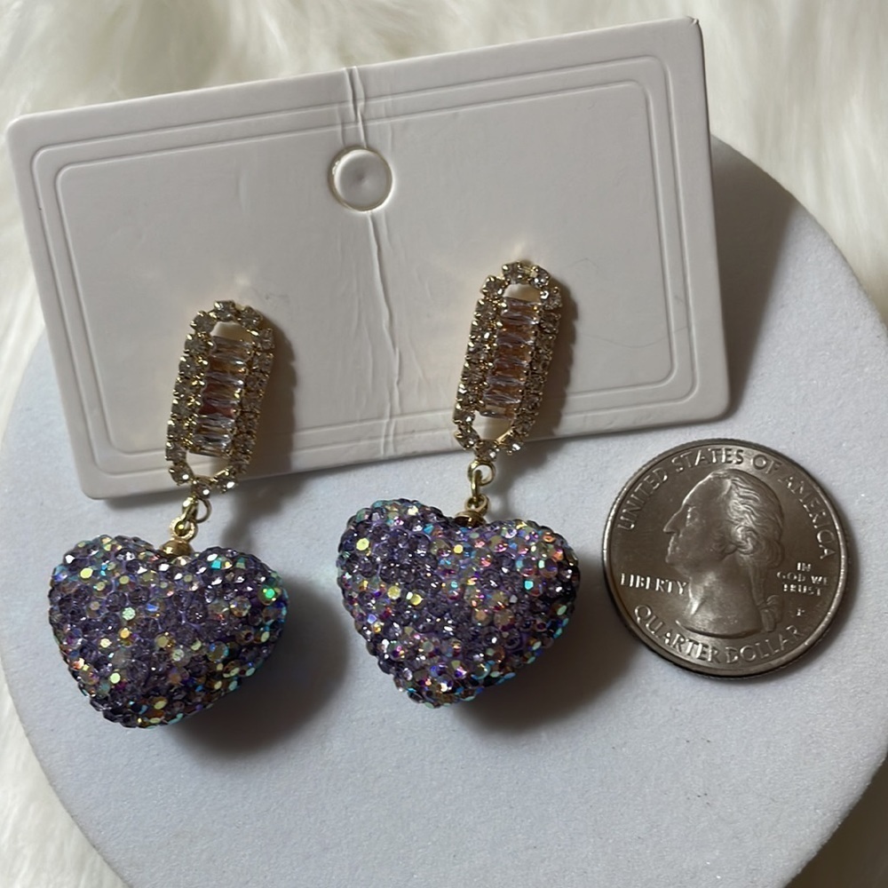 Purple Heart Rhinestone Drop Earrings - Picture 11 of 12